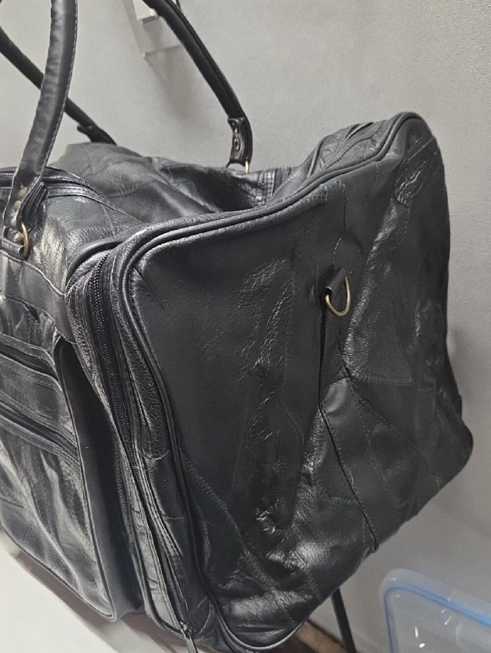 Black Leather Duffel Bag with Front Pockets - Unbranded